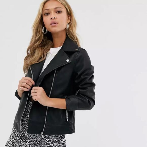 ASOS New Look Black Faux Leather Biker Jacket Full Zip Quilted Sz Medium - Picture 1 of 13